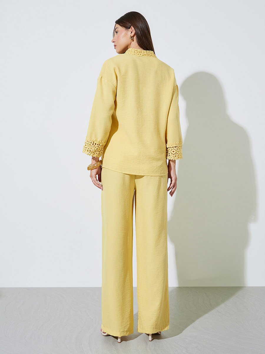 Yellow Lace Trim Shirt and Wide Leg Pants Co-ord Set