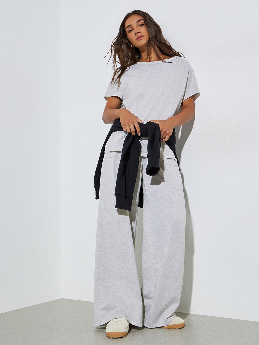 Grey Solid Oversize Top and Wide Leg Joggers Co-Ors