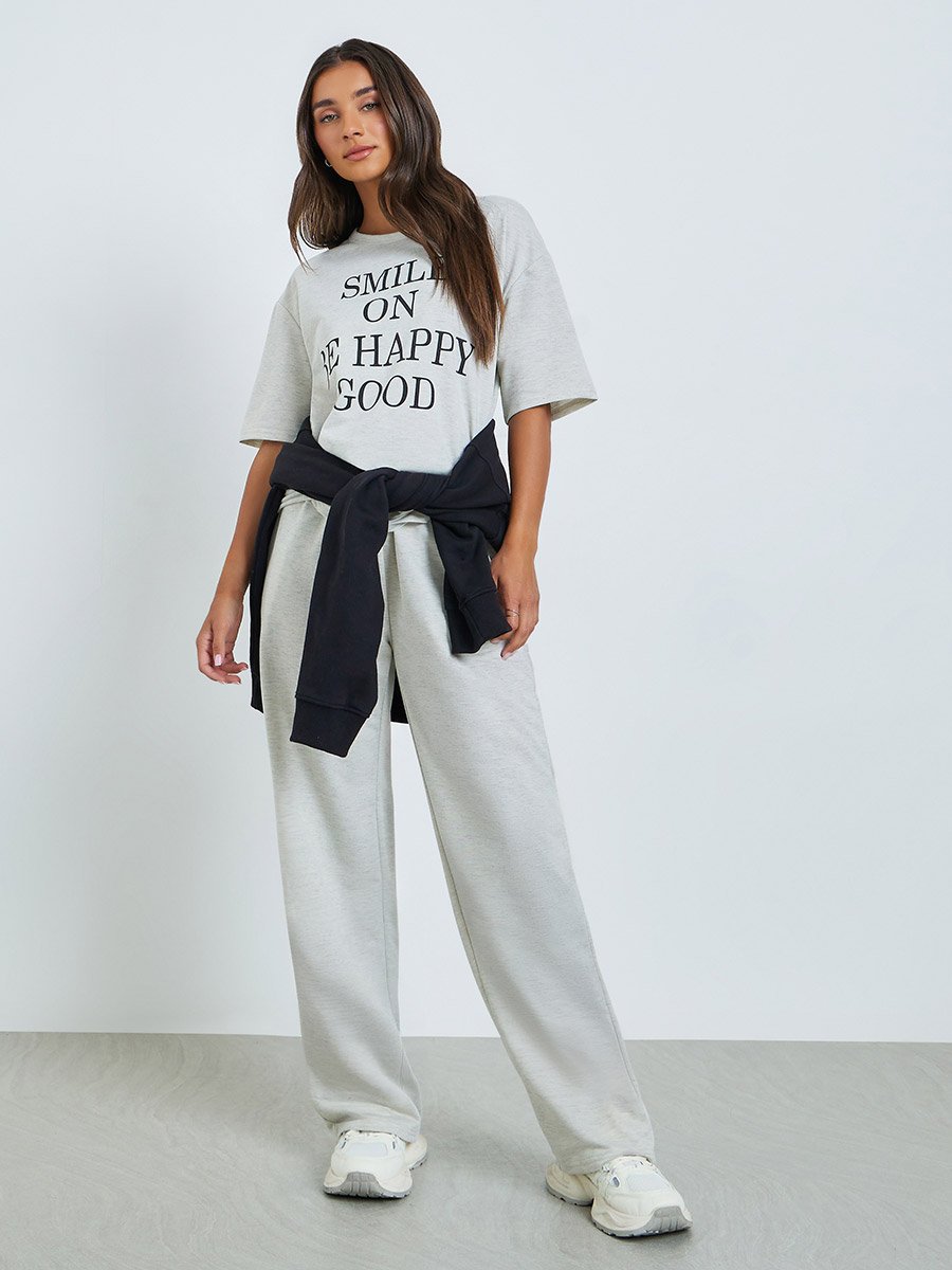 Grey Slogan Print T-Shirt and Relaxed Pants Co-ords