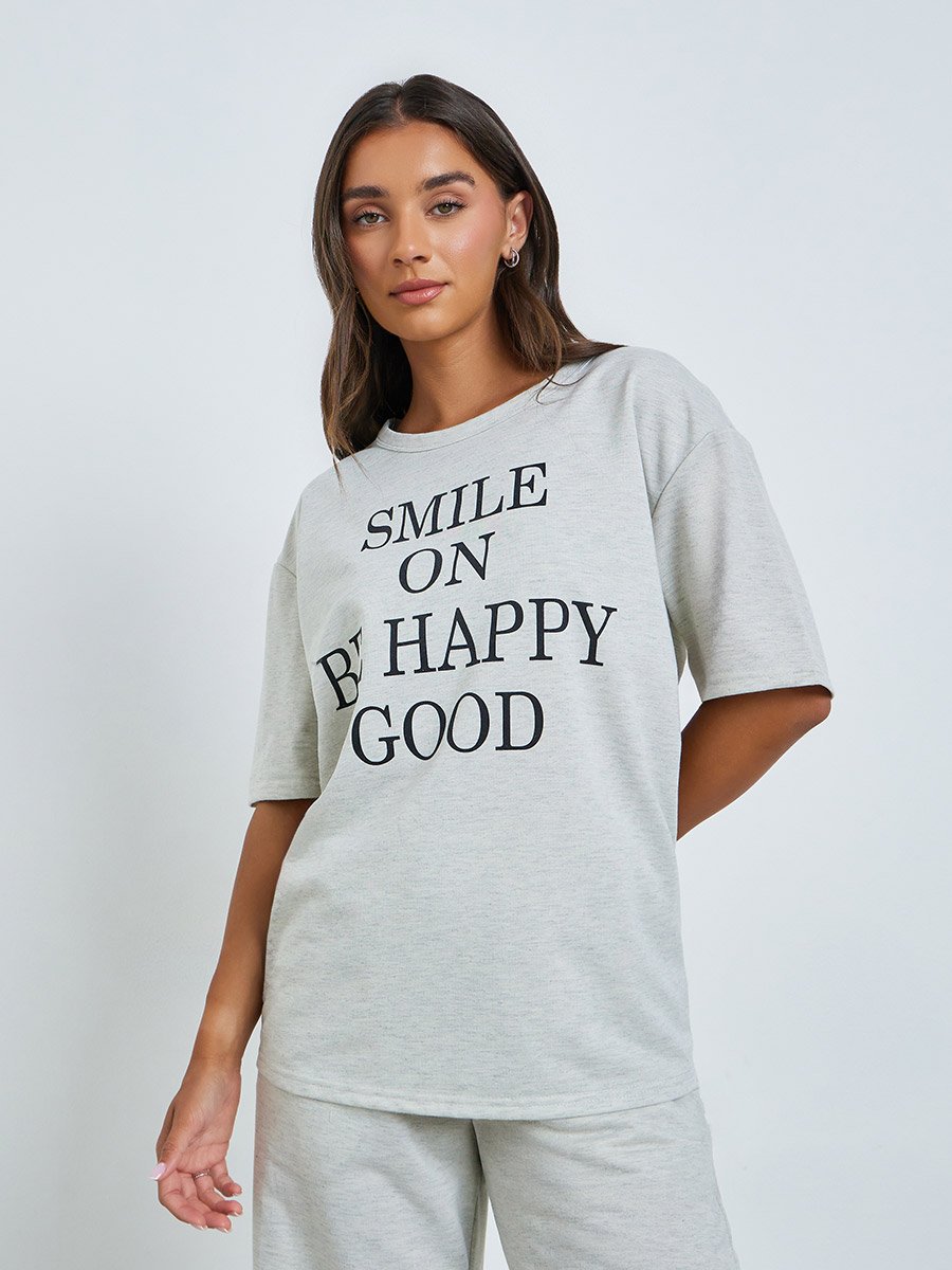 Grey Slogan Print T-Shirt and Relaxed Pants Co-ords