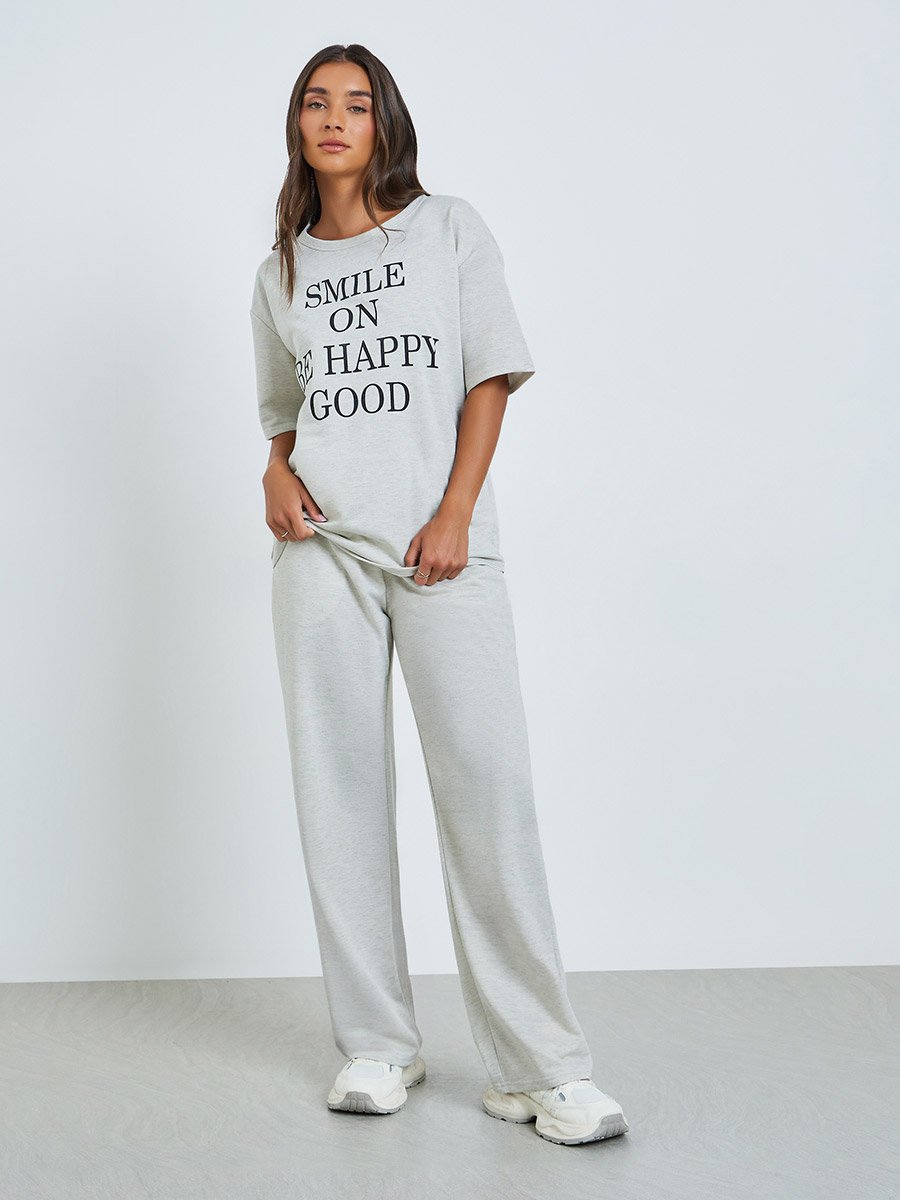 Grey Slogan Print T-Shirt and Relaxed Pants Co-ords