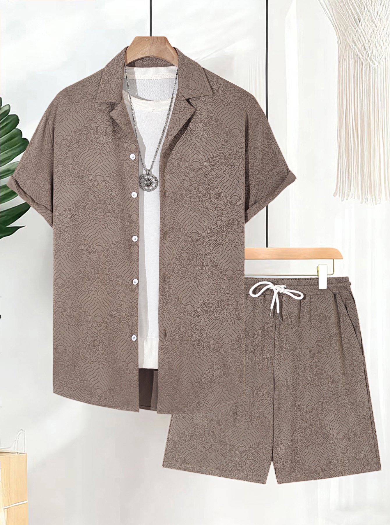 Men Plus Size Jacquard Shirt and Shorts Co-ord Set