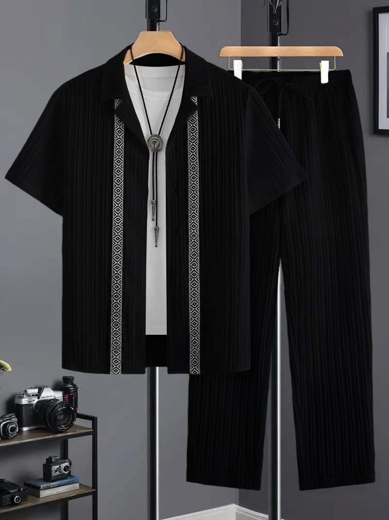 Men Plus Size Patterned Panel Shirt and Pants Co-ord Set
