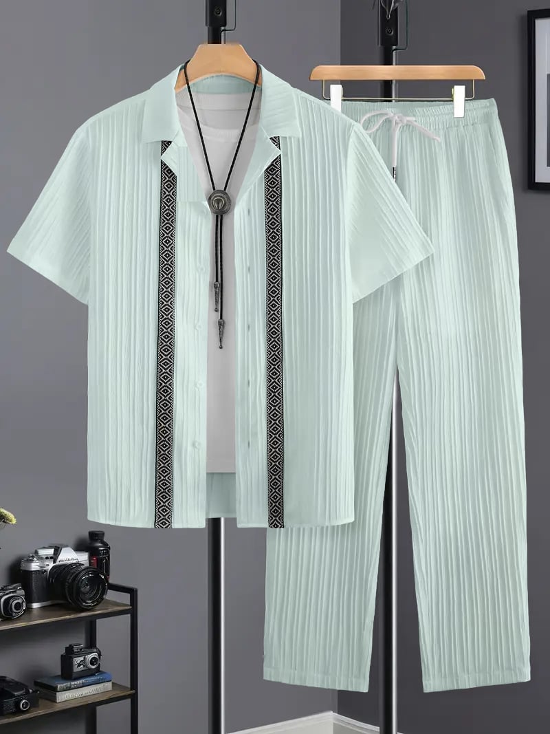 Men Plus Size Patterned Panel Shirt and Pants Co-ord Set