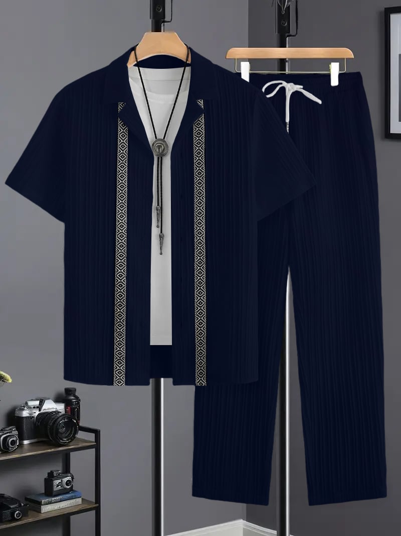 Men Plus Size Patterned Panel Shirt and Pants Co-ord Set