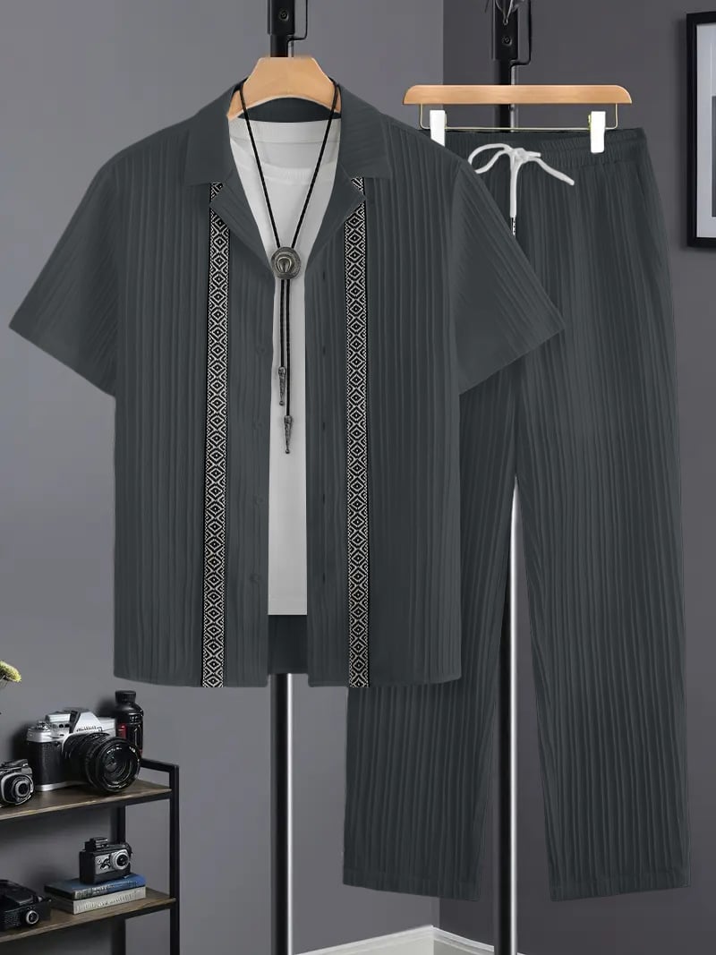Men Plus Size Patterned Panel Shirt and Pants Co-ord Set