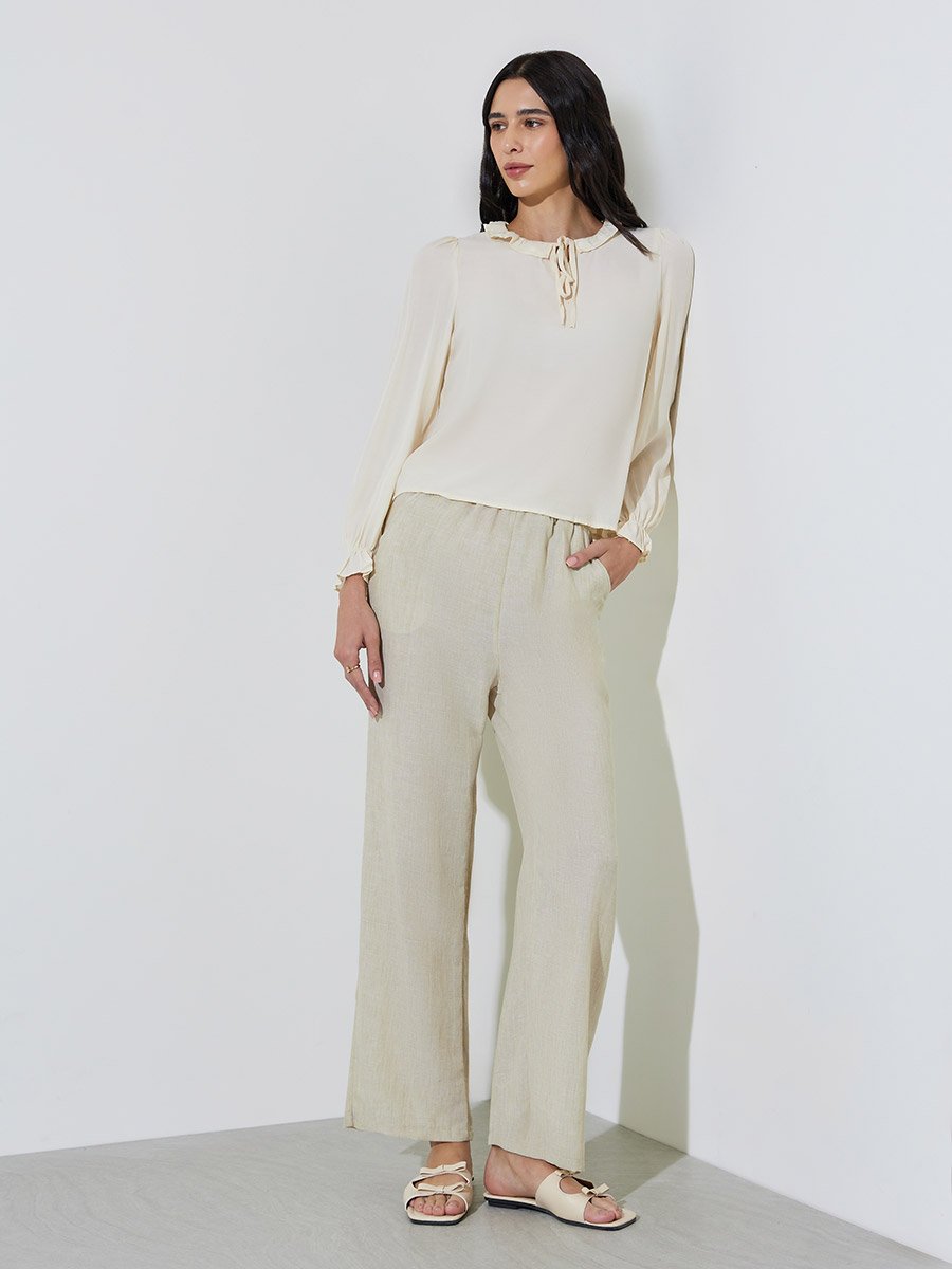 Beige Solid Pants with Drawstring Waist