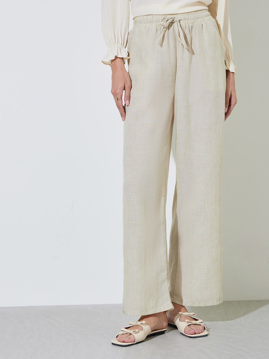 Beige Solid Pants with Drawstring Waist