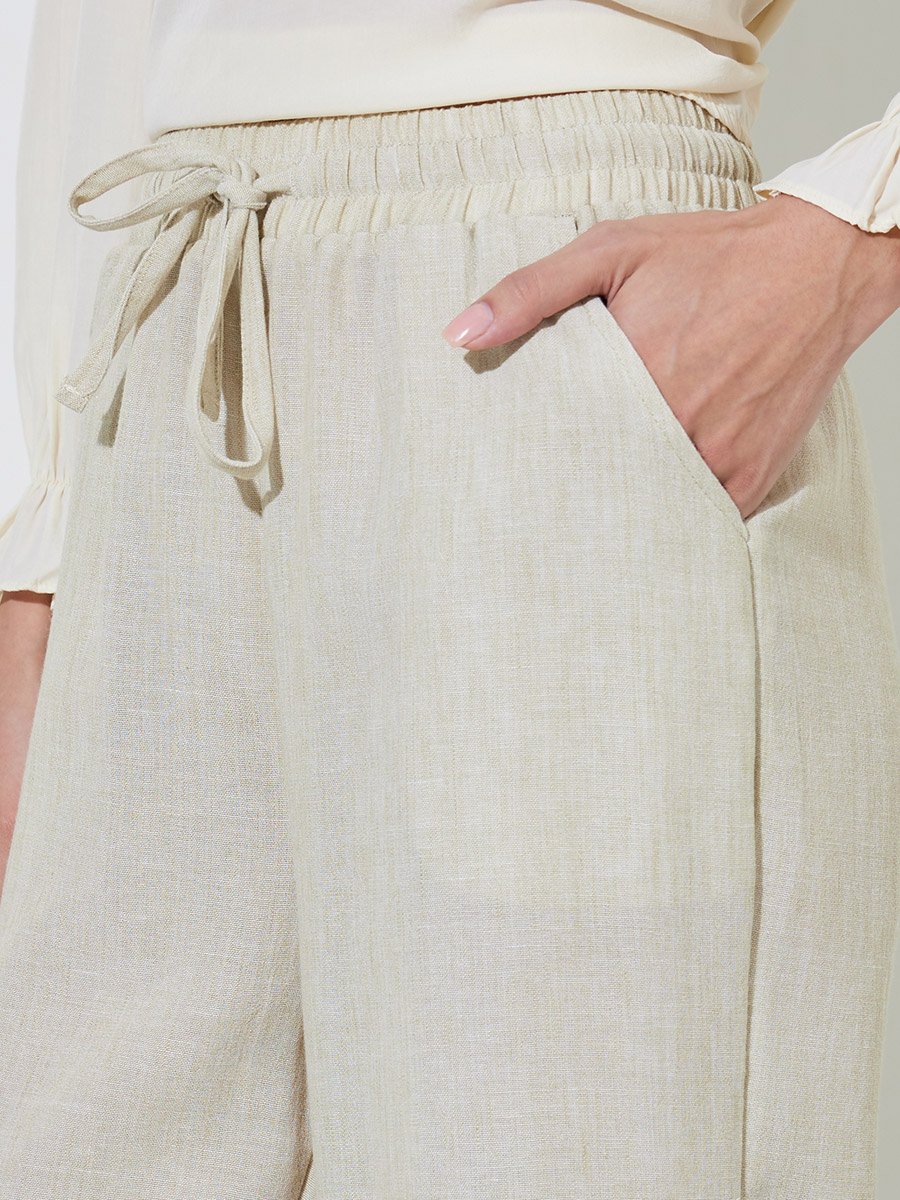 Beige Solid Pants with Drawstring Waist