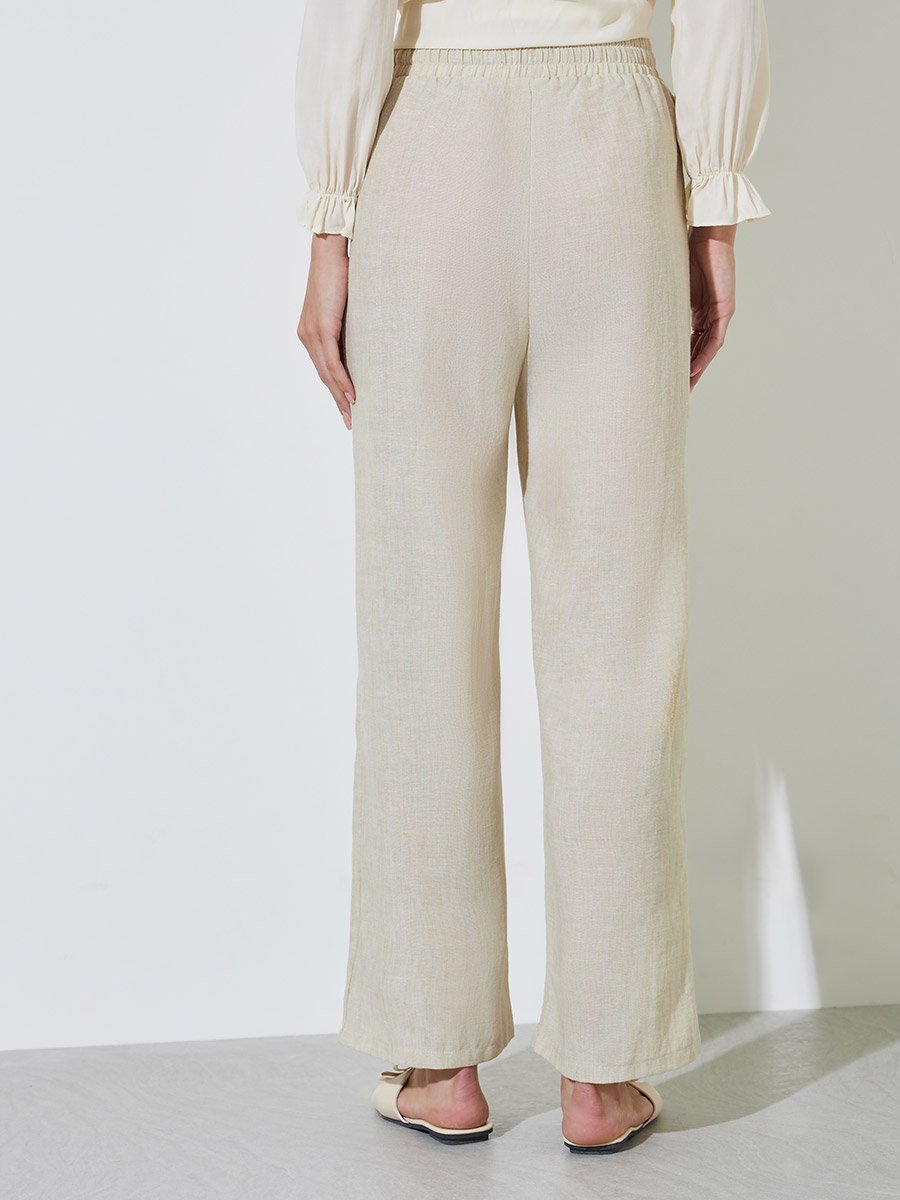 Beige Solid Pants with Drawstring Waist
