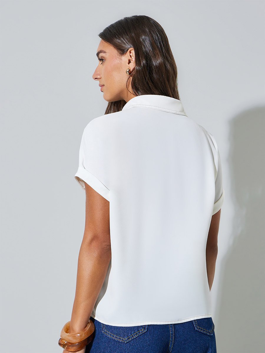 Cream Short Sleeve Stitch Detail Shirt