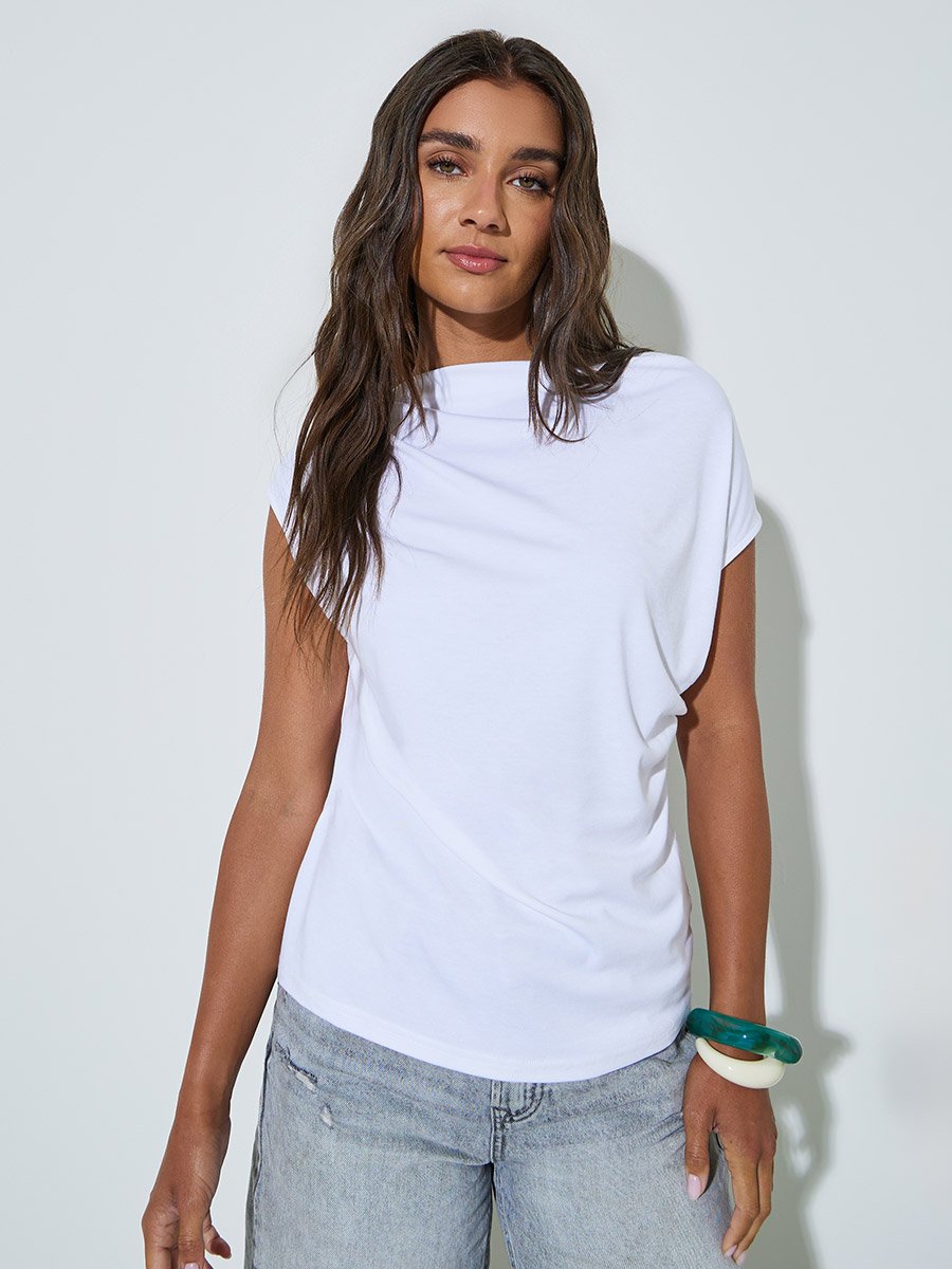 White Solid Draped Neck Knit Top