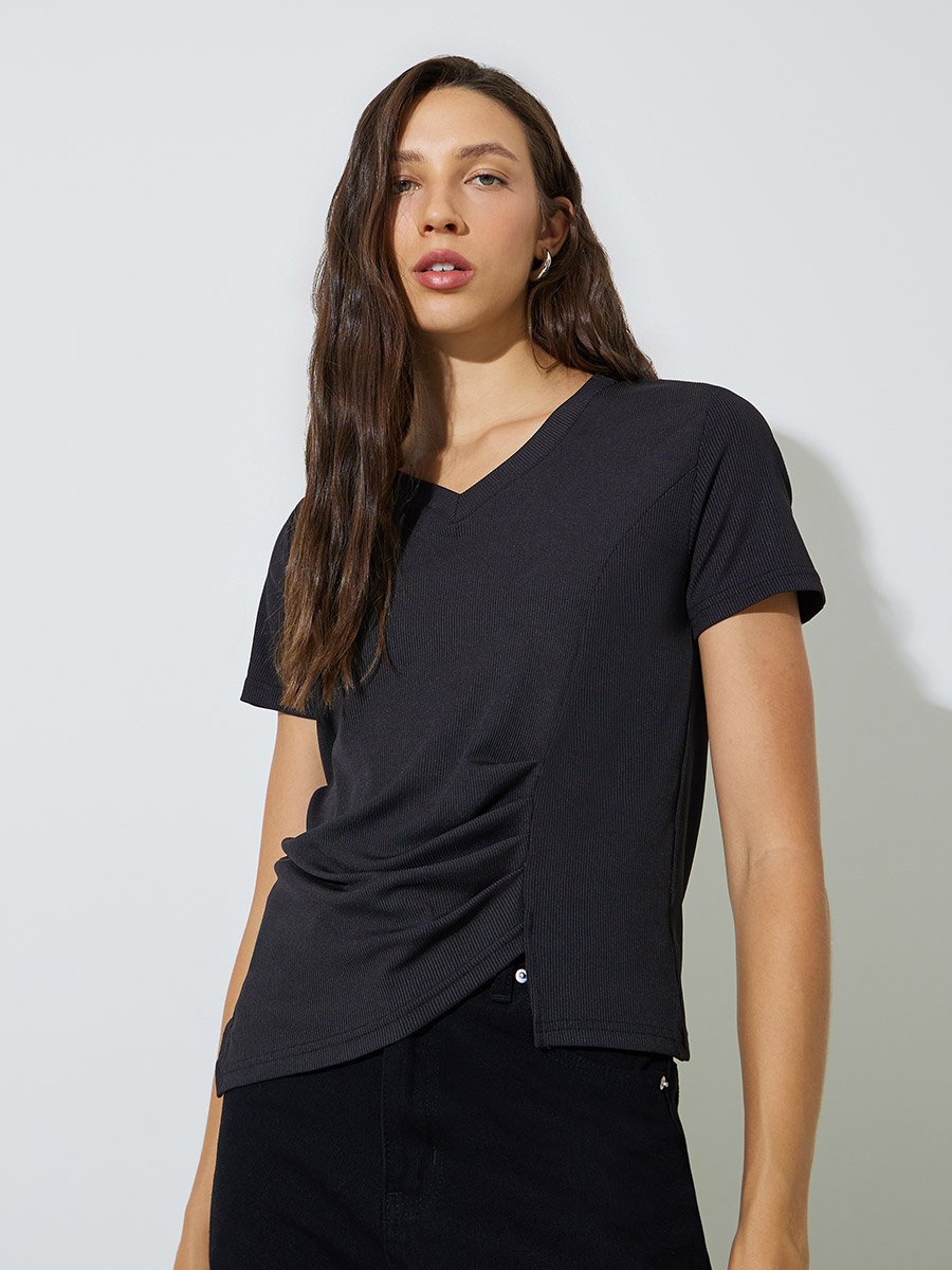 Black Plain V Neck Asymmetric Hem T-Shirt