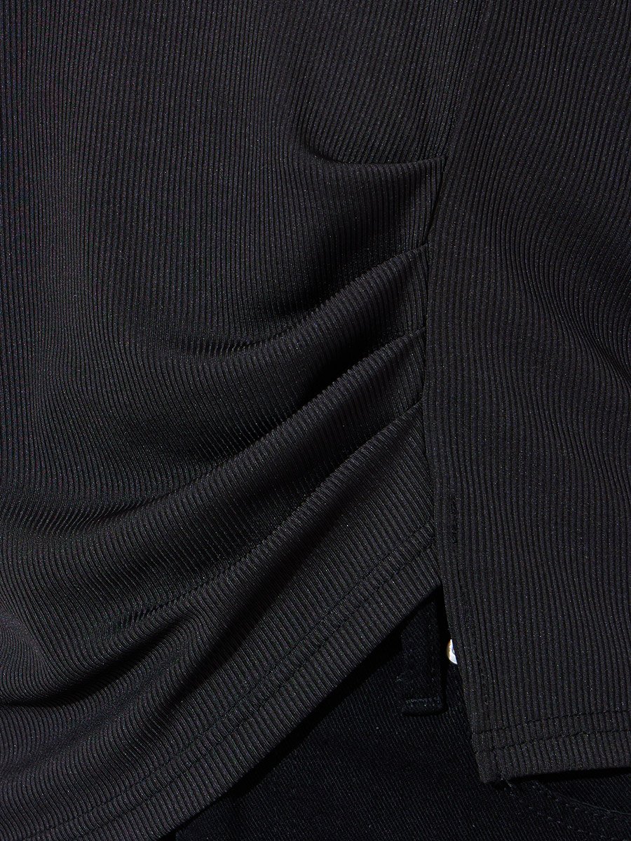 Black Plain V Neck Asymmetric Hem T-Shirt