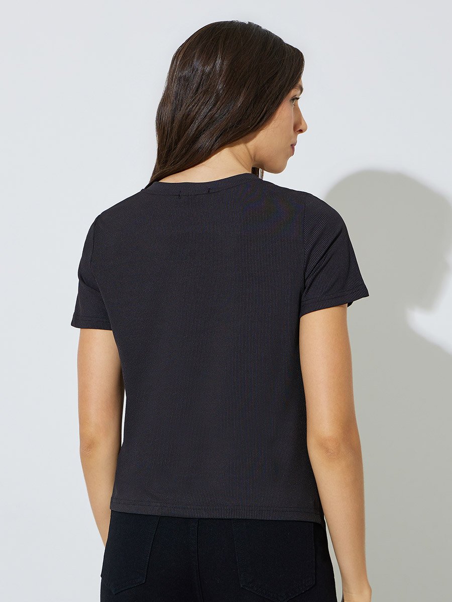 Black Plain V Neck Asymmetric Hem T-Shirt