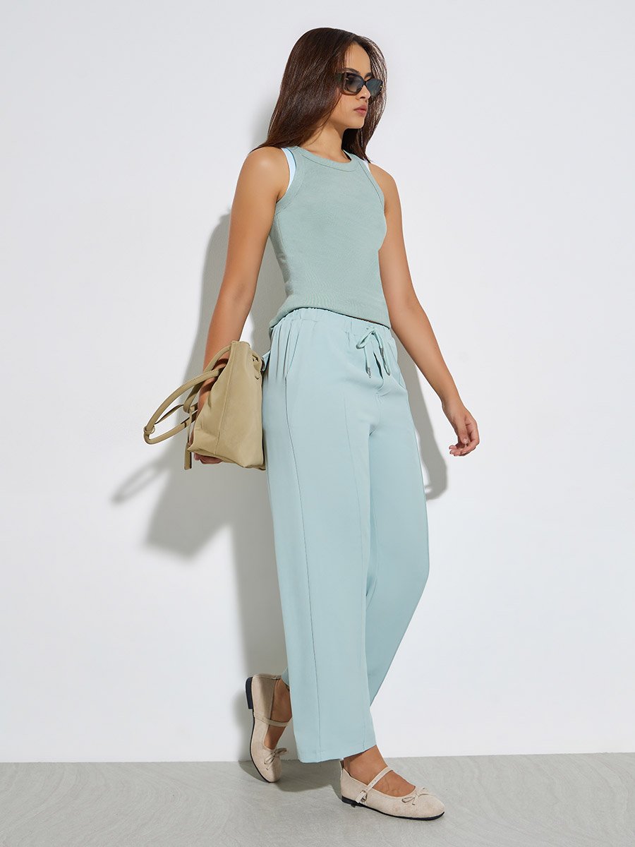 Blue Solid Elastic Waist Wide Leg Pants