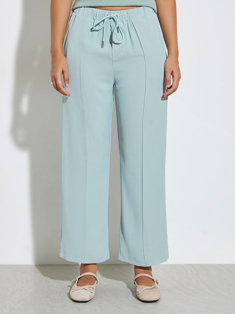Blue Solid Elastic Waist Wide Leg Pants