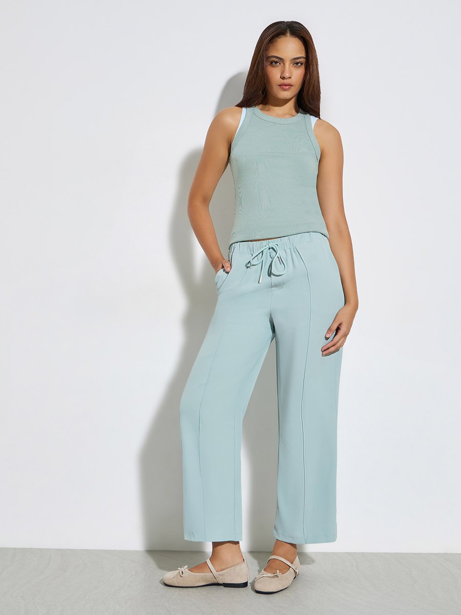 Blue Solid Elastic Waist Wide Leg Pants