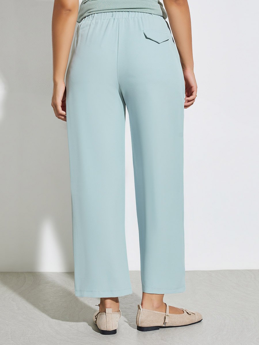 Blue Solid Elastic Waist Wide Leg Pants