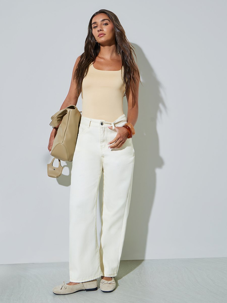 Cream Wide Leg Jeans with Pocket