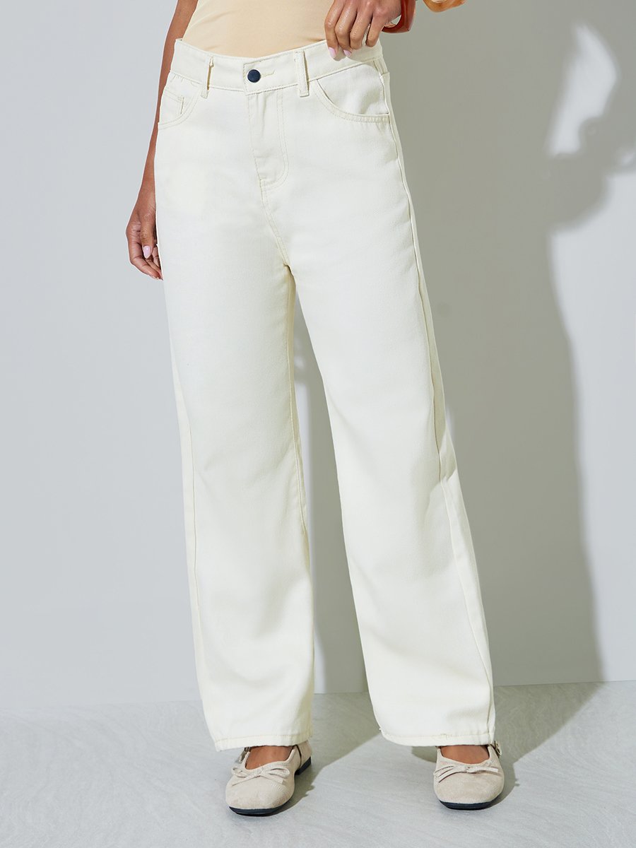 Cream Wide Leg Jeans with Pocket