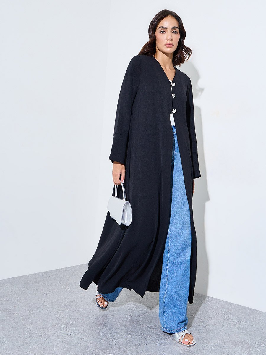Black Abaya with Crystal Button Embellishments