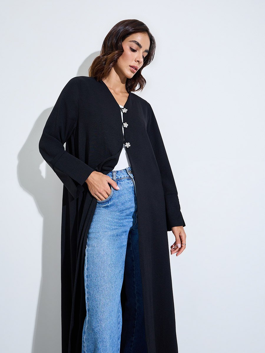 Black Abaya with Crystal Button Embellishments