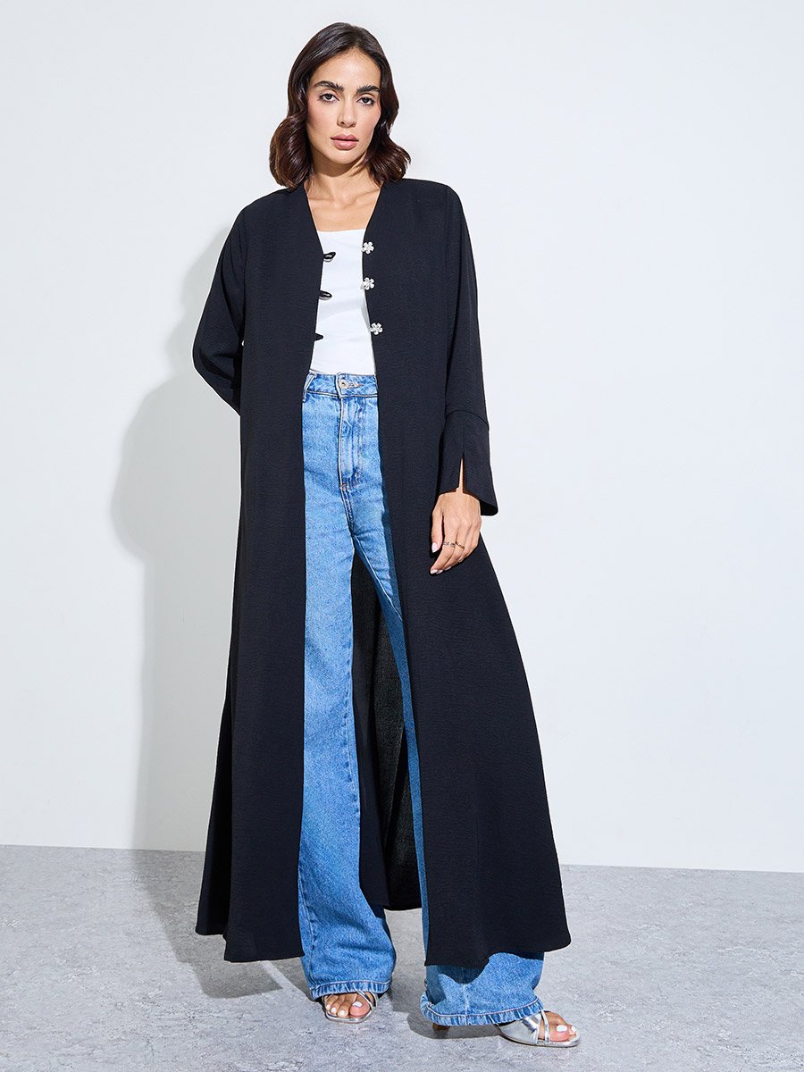 Black Abaya with Crystal Button Embellishments