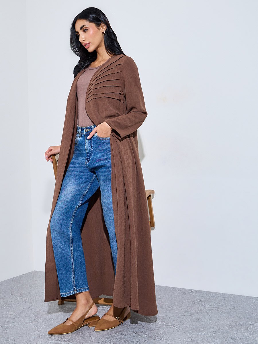 Brown Front Open Pintuck Detail Abaya