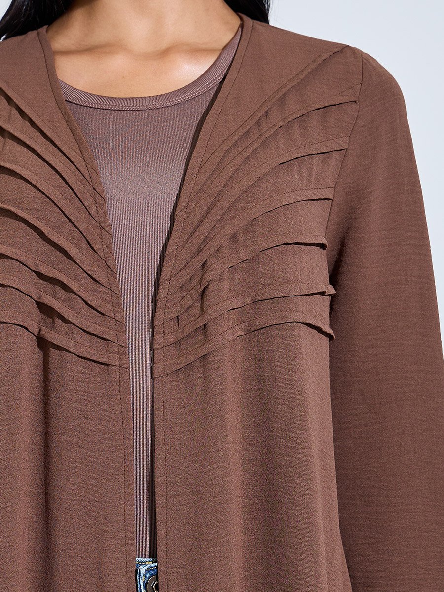 Brown Front Open Pintuck Detail Abaya