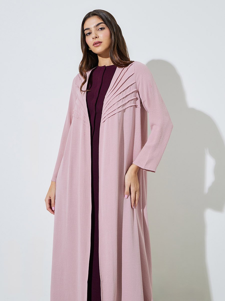 Pink Front Open Pintuck Detail Abaya