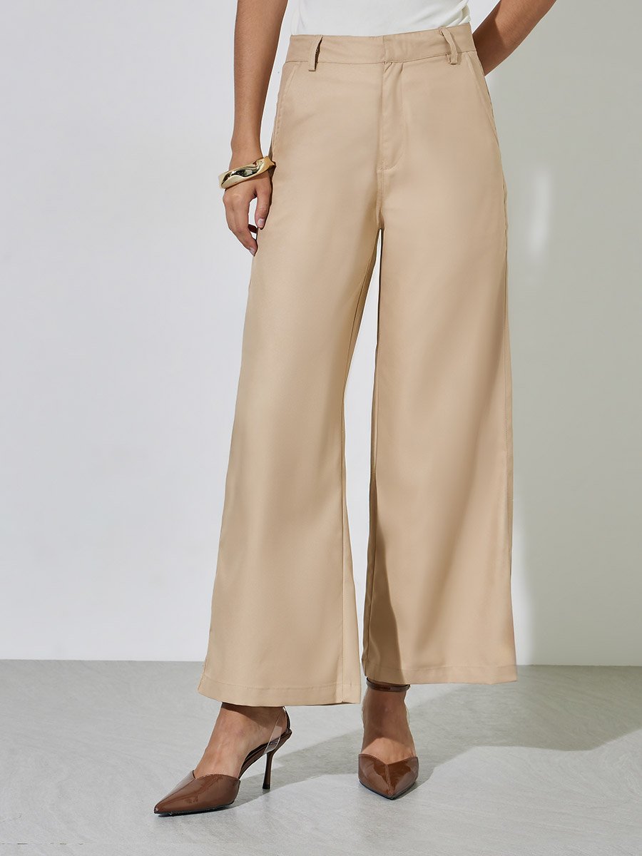 Beige Solid Wide leg Trousers