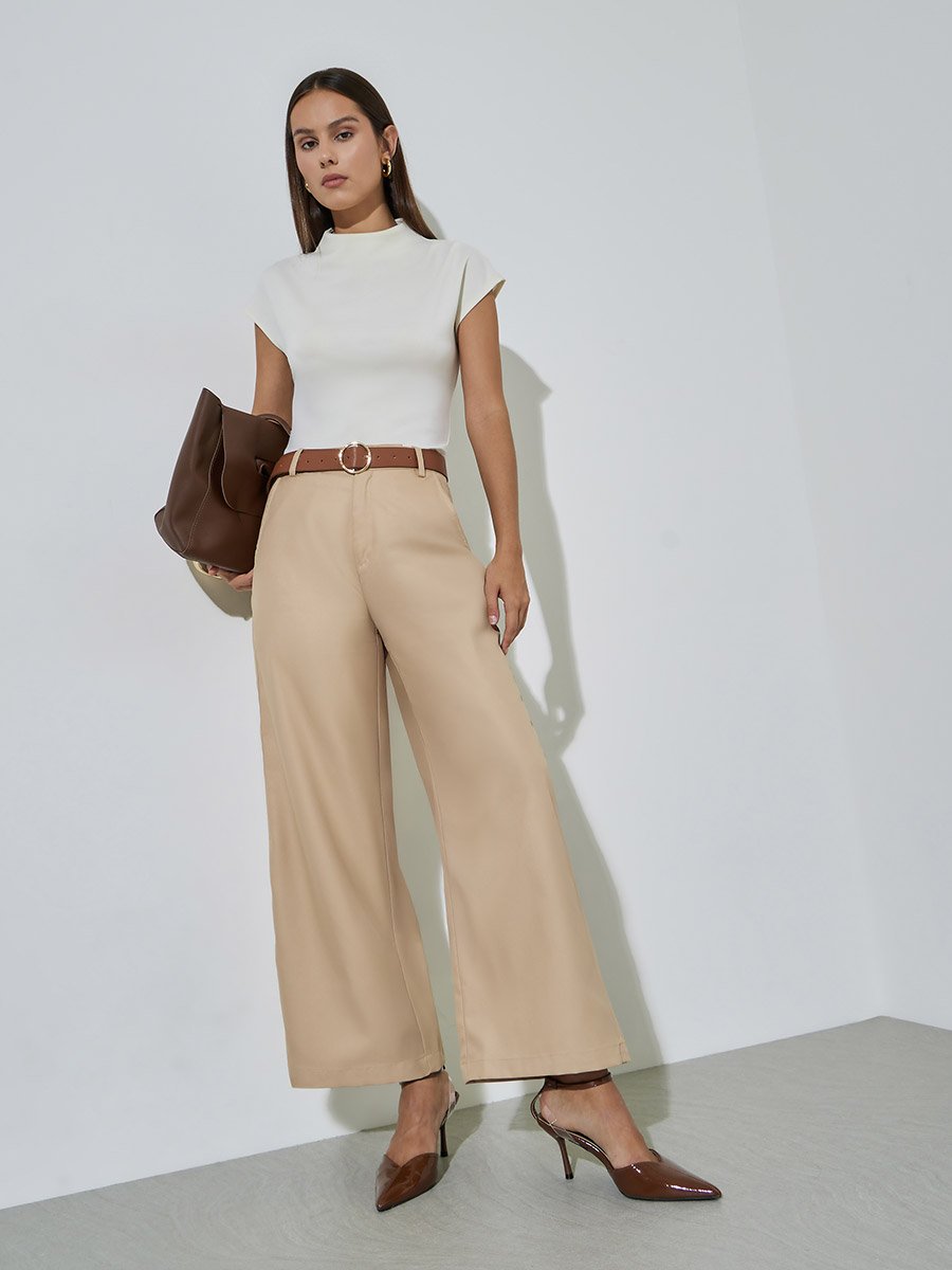 Beige Solid Wide leg Trousers