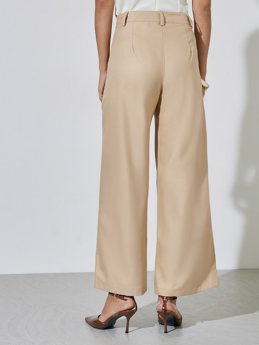 Beige Solid Wide leg Trousers