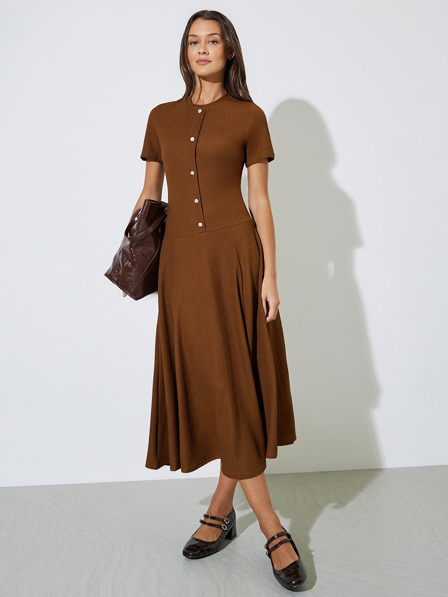 Brown Plain Short Sleeves A-Line Midi Dress