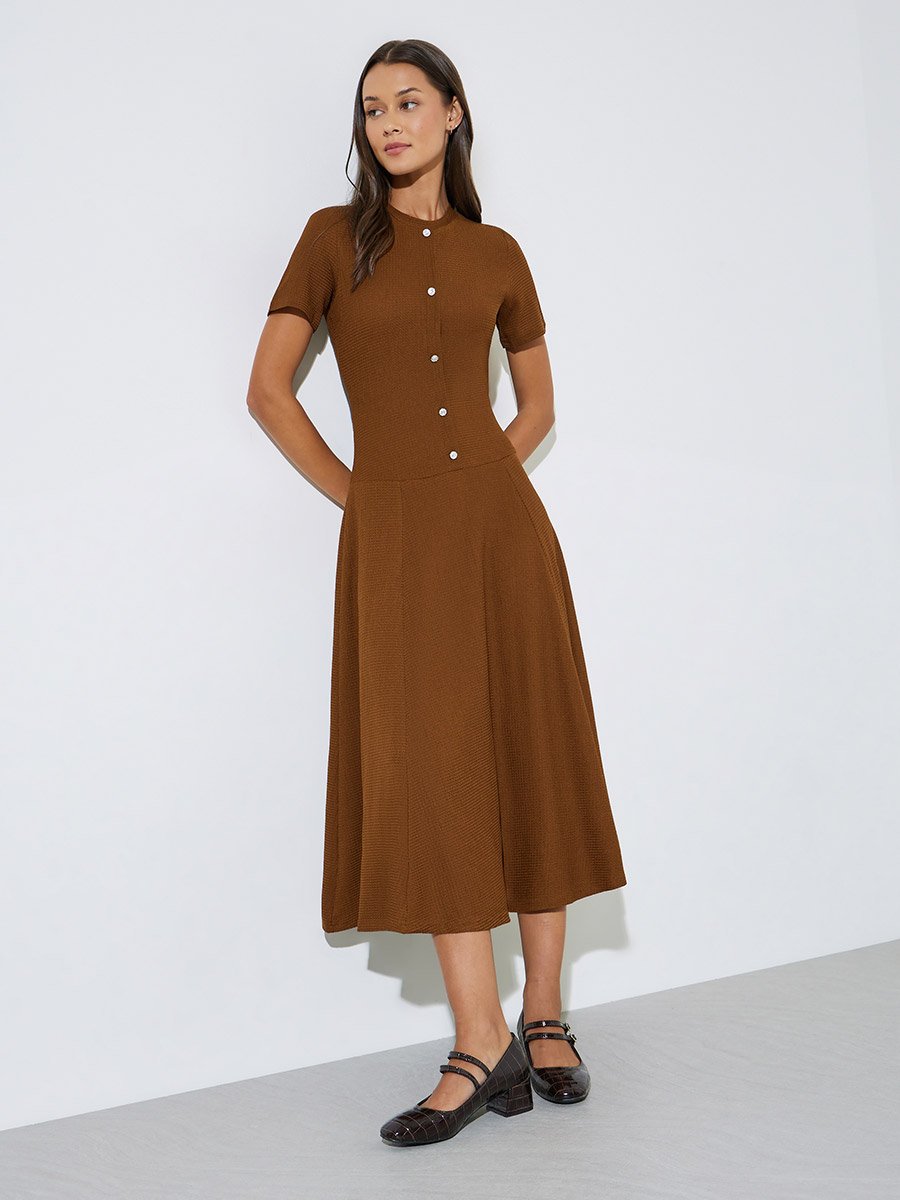 Brown Plain Short Sleeves A-Line Midi Dress