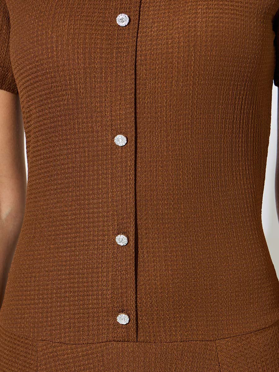 Brown Plain Short Sleeves A-Line Midi Dress