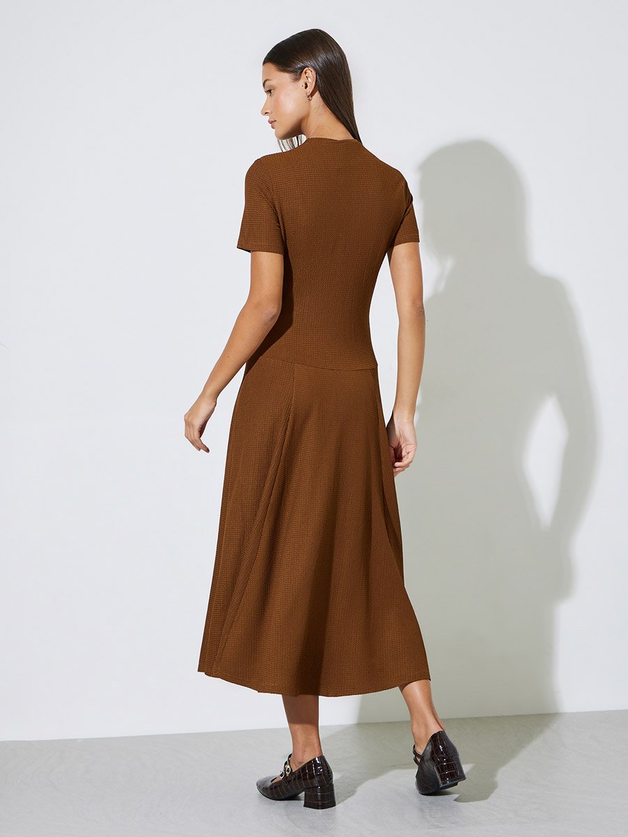 Brown Plain Short Sleeves A-Line Midi Dress