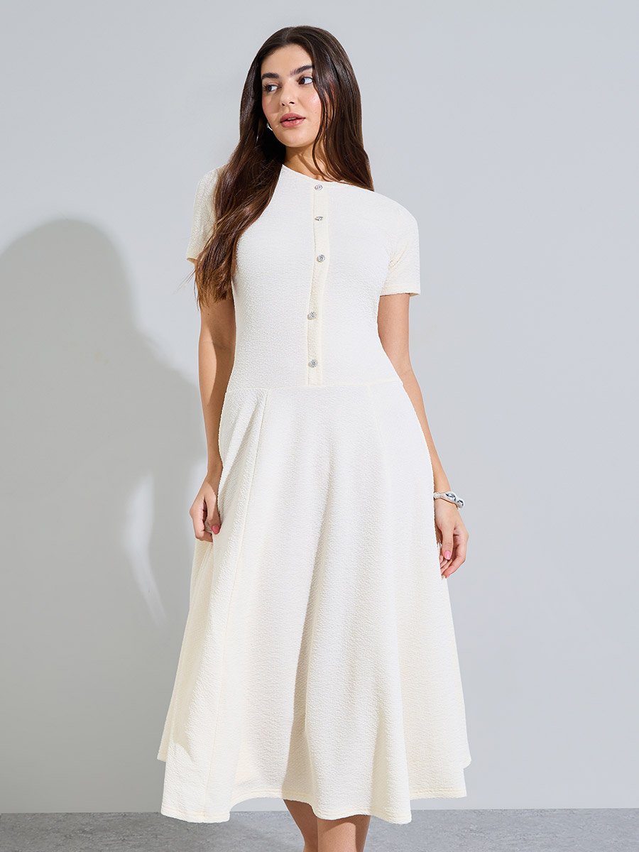 Cream Plain Short Sleeves A-Line Midi Dress