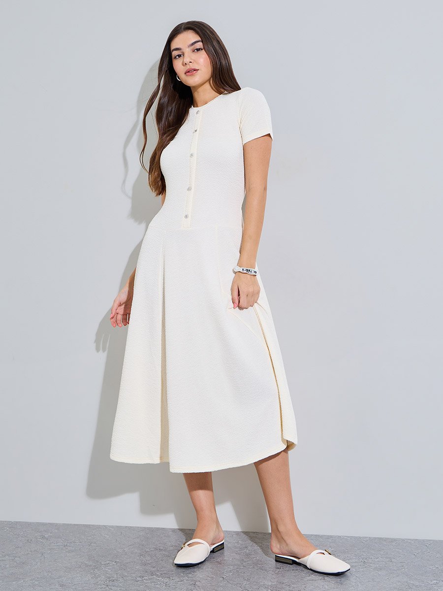 Cream Plain Short Sleeves A-Line Midi Dress