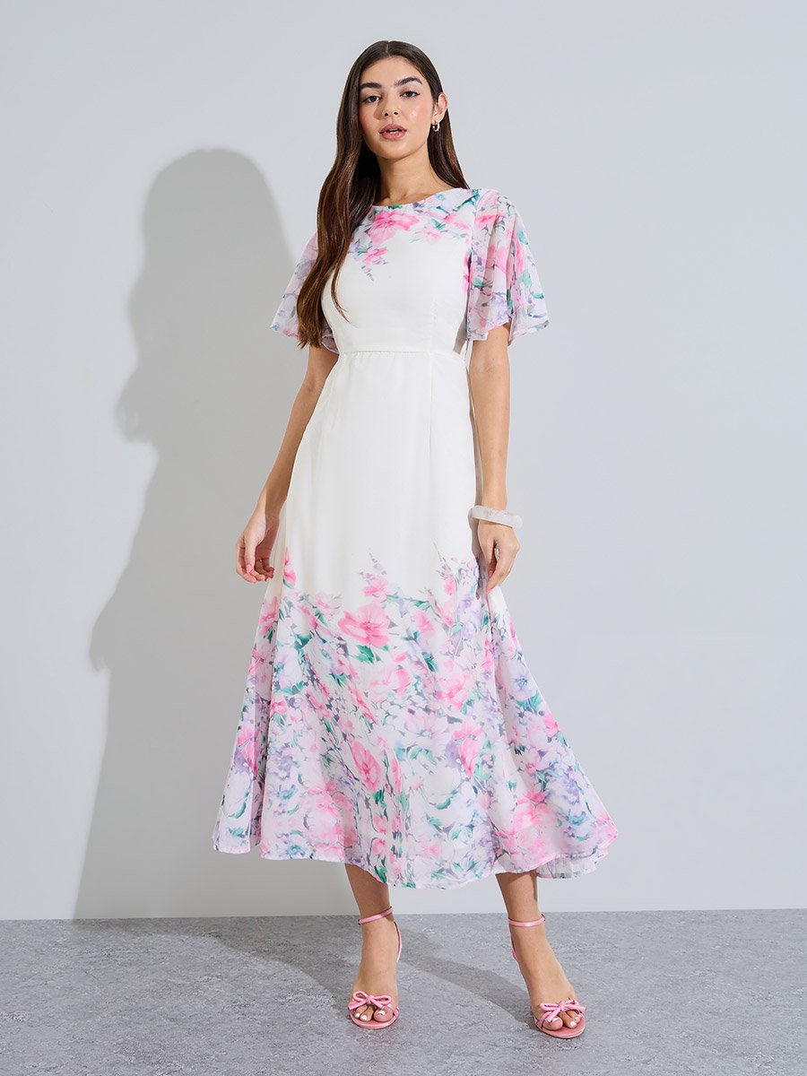 Floral Print Short Sleeves A-Line Maxi Dress