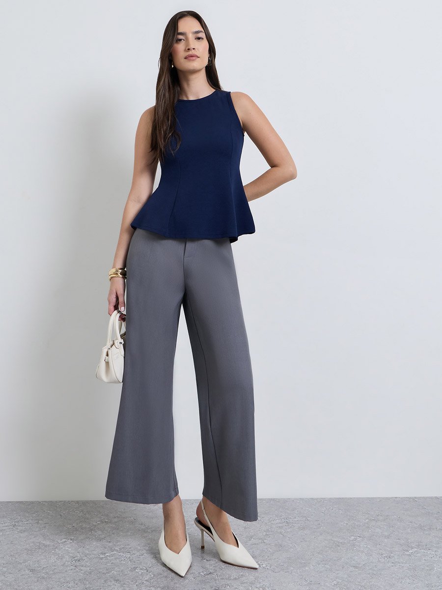 Navy Blue Sleeveless Peplum Top