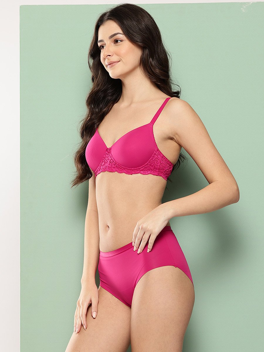 Magenta Lace Detail Lightly Padded Non Wired Bra and Brief Set