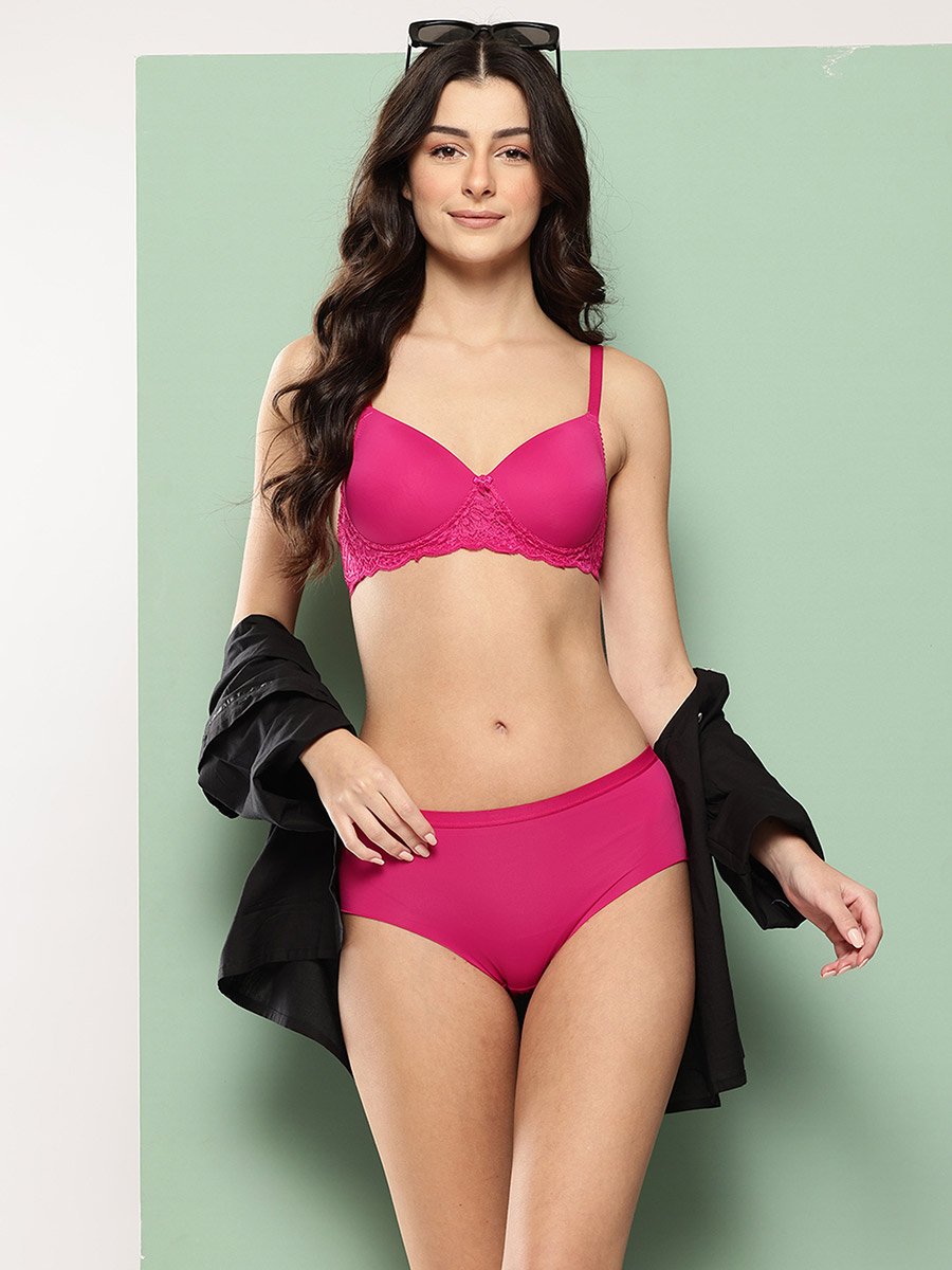 Magenta Lace Detail Lightly Padded Non Wired Bra and Brief Set