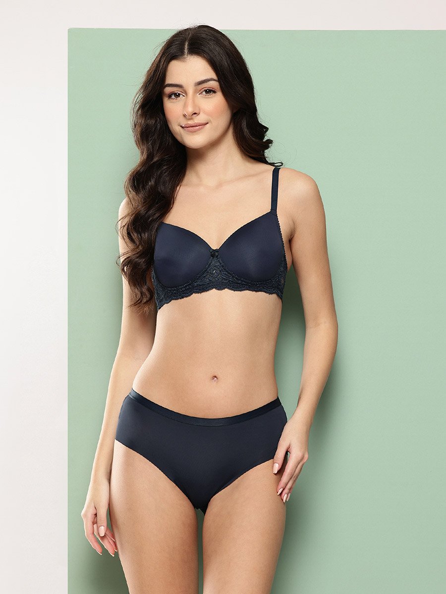 Navy Blue Lace Detail Lightly Padded Non Wired Bra and Brief Set