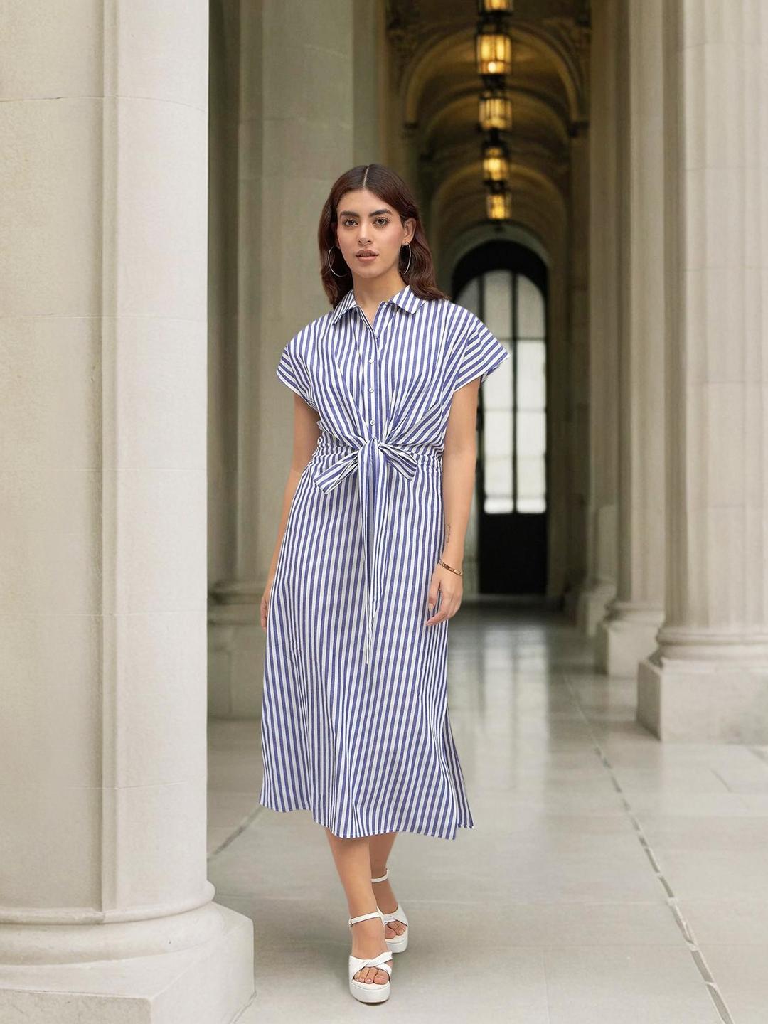Blue 100% Cotton Striped Shirt Midi Dress