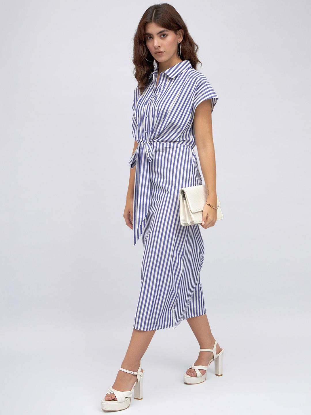 Blue 100% Cotton Striped Shirt Midi Dress
