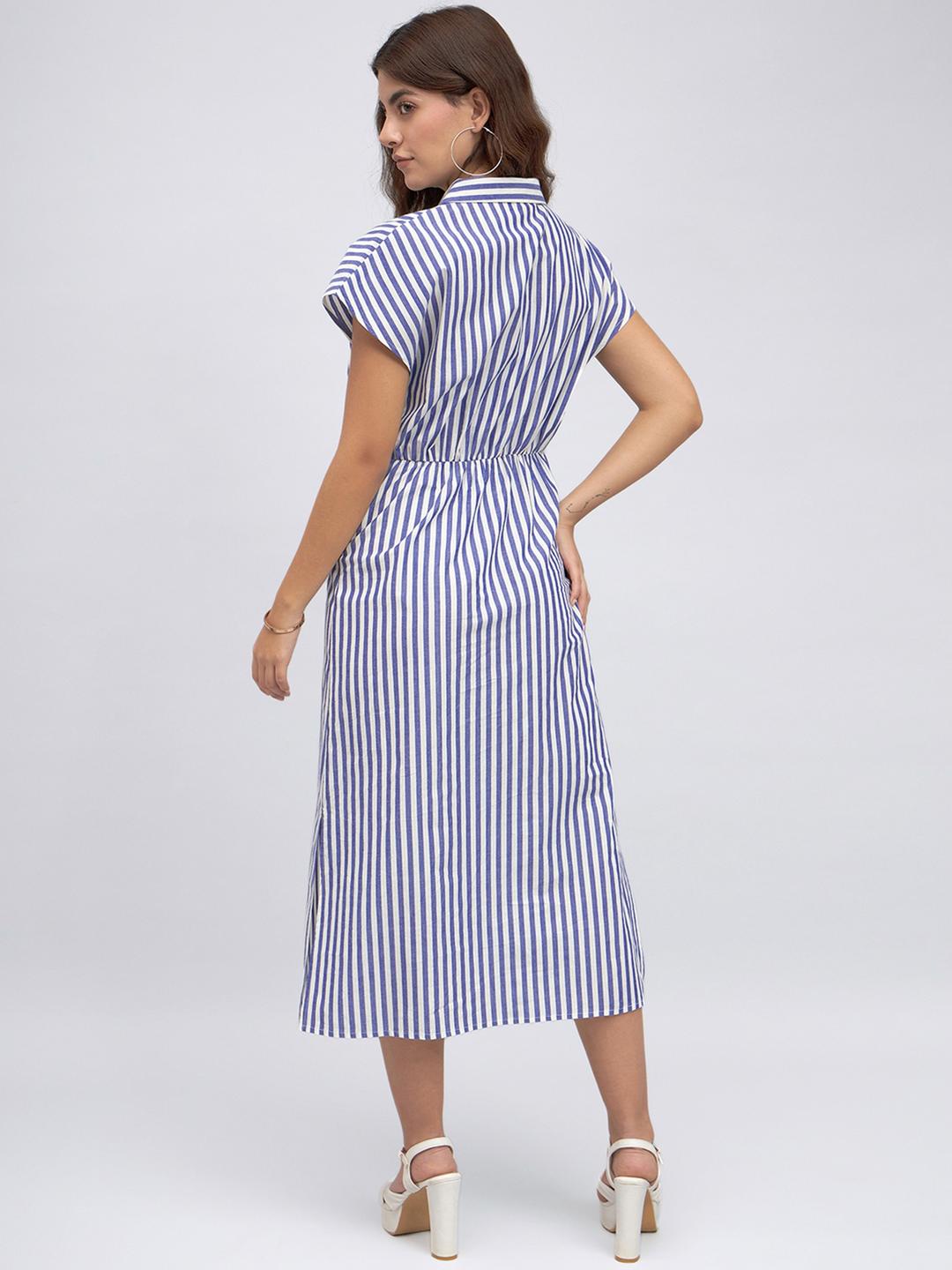 Blue 100% Cotton Striped Shirt Midi Dress
