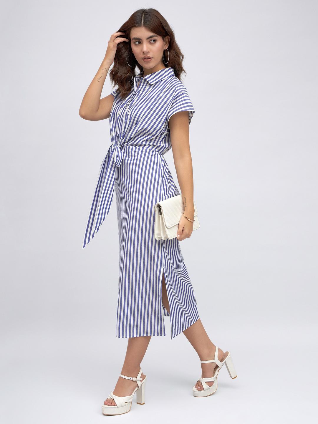 Blue 100% Cotton Striped Shirt Midi Dress