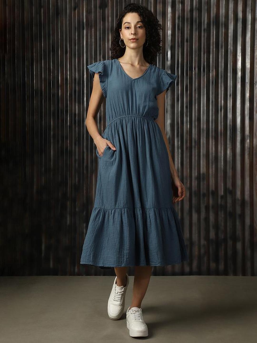 Blue Textured Cotton Midi Dress with Frill Sleeve